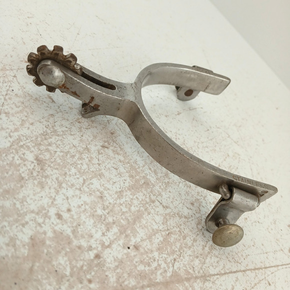 Vintage Crockett Single Spurs Stainless Steel Engraved Western Cowboy Marked - Picture 1 of 9